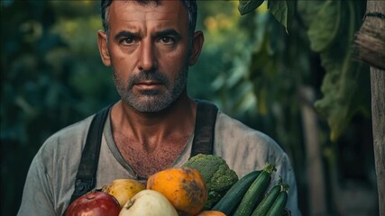 Portrait of a man with beard holding basket of fresh fruits and vegetables. Agricultural theme, work on farm, healthy food selection. - Powered by Adobe