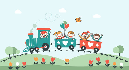 Happy children enjoy a colorful train ride through a sunny meadow on a beautiful day