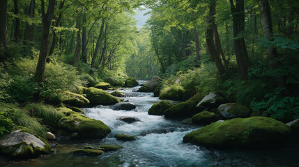 Fototapeta premium Mossy Stream Flowing Through a Serene Forest