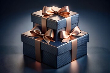 Luxury Stacked Gift Boxes: Elegant Dark Blue, Rose Gold Ribbons, Premium Texture, Festive Mood.