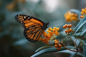 Obraz premium Monarch butterfly foraging on vibrant native milkweed flowers in a lush outdoor habitat during early morning hours