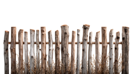 Wooden fence with rustic appeal, isolated on a white background.