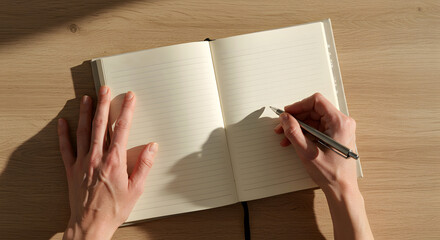 Open notebook blank pages lined paper writing hand pen wooden table sunlight shadow left hand right hand journal diary note taking writing creativity planning organization workspace study