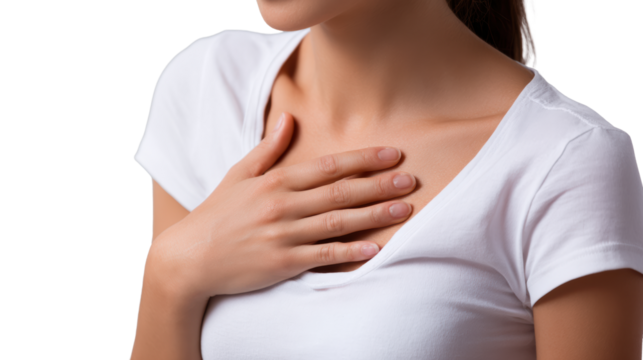Young woman holding her chest, expressing a moment of emotion or contemplation, isolated on white background.