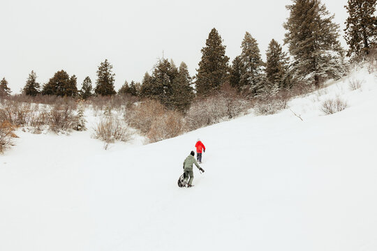 Two people sled down snowy hill in winter wonderland