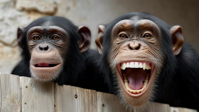 Two playful chimpanzees with expressive faces, one smiling widely while the other looks curious, perched on a wooden fence in a natural setting, showcasing their lively personalities and social behavi