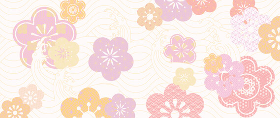 Japanese ocean wave pattern background vector. Wallpaper oriental design with sea wave pattern, cherry blossom flower. Illustration for banner, wall art, website, interior.
