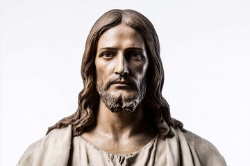 Jesus Christ sculpture with long hair and robe, Christ statue facing forward on white background, Religious art for faith and reverence