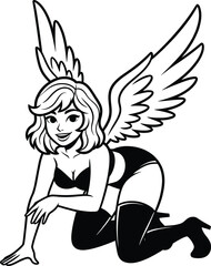 Sexy Pin-Up Angel Woman Kneeling with Wings Vector Illustration