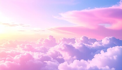 Obraz premium A serene sky filled with fluffy pink and purple clouds, illuminated by soft golden sunlight.
