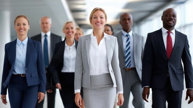 Business Delegation's Forward March: A confident business delegation, characterized by a group of well-dressed professionals, strides with purpose and unity in a brightly lit hallway.