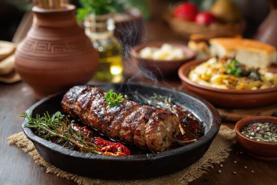 Traditional romanian mici and sides served on a rustic wooden table with fresh herbs and seasonal ingredients