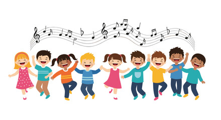 Fototapeta premium Joyful children dancing together in harmony with musical notes above