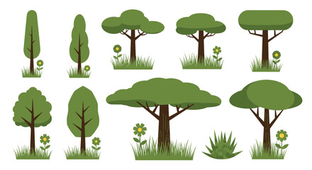 Fototapeta premium Collection of various stylized green trees and grassland elements for nature illustrations