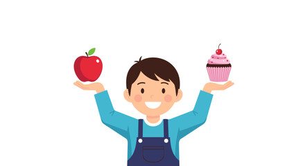 A boy holding an apple and a cupcake on scales demonstrating healthy food choices