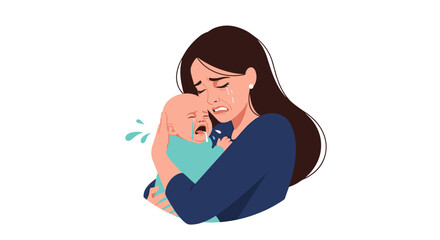 Overwhelmed mother struggles to comfort her distressed crying baby on her arm