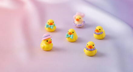 Naklejka premium Close-up of tiny yellow duck figurines with pastel accessories (hats, bows), arranged on wrinkled satin in pastel pink and lavender