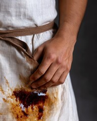 Messy Apron with Syrup Stain on Hand of a Cook Holding the Fabric