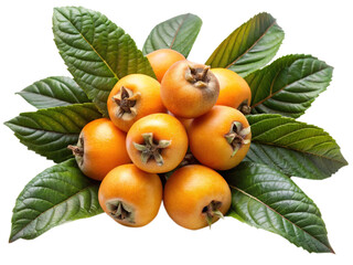 Arrangement of fresh ripe loquats surrounded by green leaves on a white background