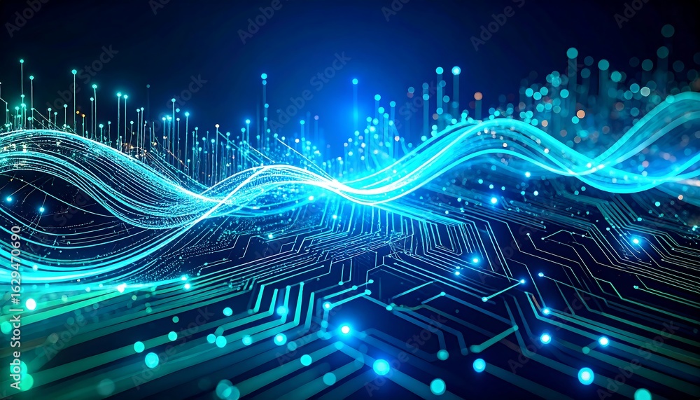 Poster a vibrant abstract digital landscape with glowing blue and cyan lines and circuits, suggesting data 