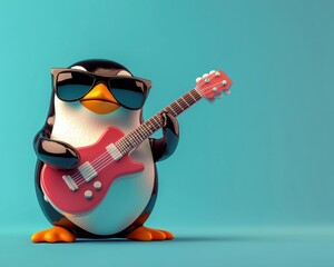 Cool penguin rocks out. AI.