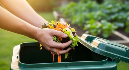 Woman composting food waste in backyard garden for sustainable living and eco-friendly lifestyle contributing to environmental conservation