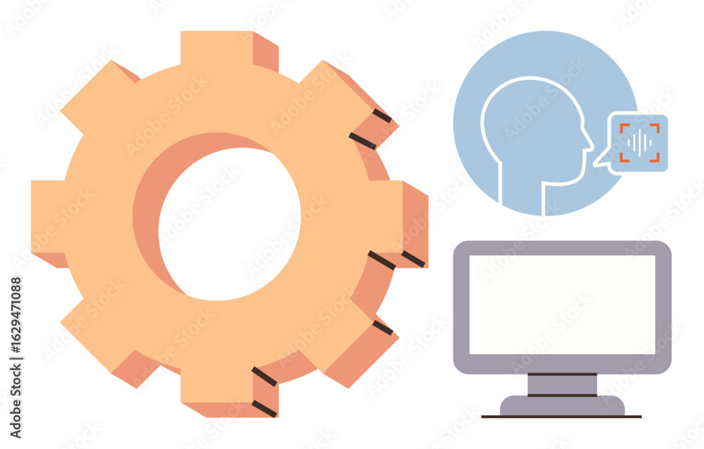 Poster gear for machine learning, human voice recognition icon, and computer interface suggest automation. 