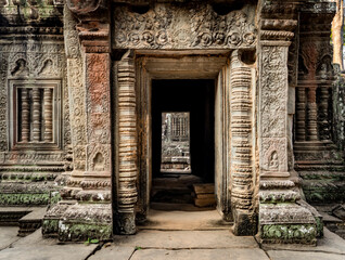 Intricate Doorways of an Ancient Temple, in Angkor Wat, Cambodia
