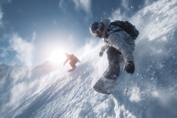 Men snowboarding down snow-covered mountain slope in bright sunlight during winter adventure sports activity
