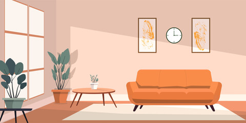 Modern Cozy Living Room Interior with Orange Sofa and Indoor Plants – Flat Vector Illustration.


