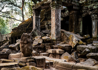 Ancient Ruins with Serpent Statue and Overgrown Vegetation, in Angkor Wat, Cambodia