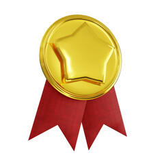 3D Render Image. Golden medal with red ribbon. Champion and winner awards Sports medal. Isolated on...
