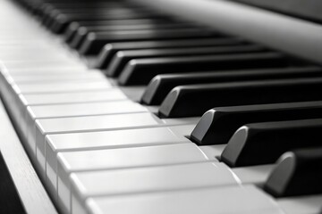 Close-up of a piano keyboard in black and white with focus on the keys