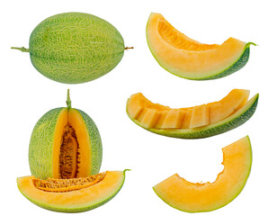 High Quality PNG Picture of cantaloupe melon slices, isolated on white background.