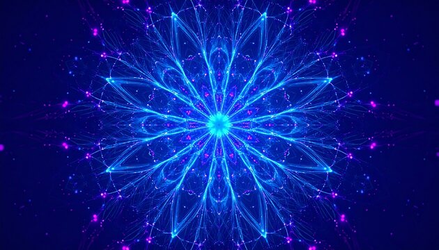 A vibrant, abstract fractal pattern with intricate blue lines and glowing purple dots.