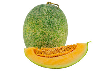 High Quality PNG Picture of cantaloupe melon with a slice, isolated on background.
