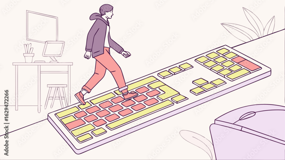 Poster conceptual illustration of a person walking on a giant keyboard in a workspace for technology blog p