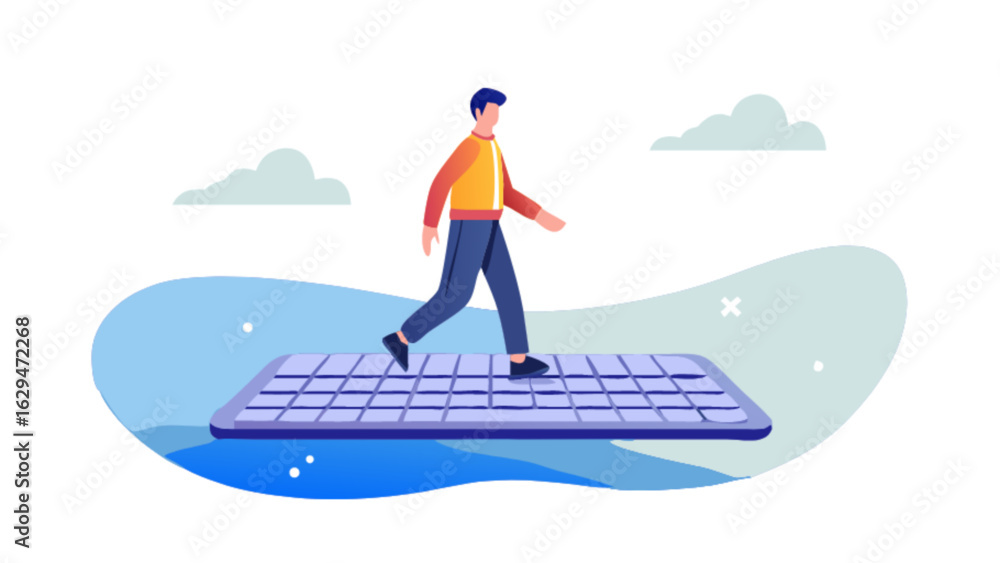 Poster man walking on keyboard vector illustration for technology and digital transformation concept design