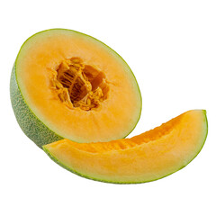 High Quality PNG Picture of cantaloupe melon slice and half isolated on white background