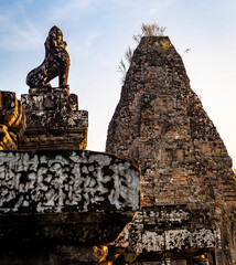 Ancient Temple Ruins with Lion Statue, in Angkor Wat, Cambodia