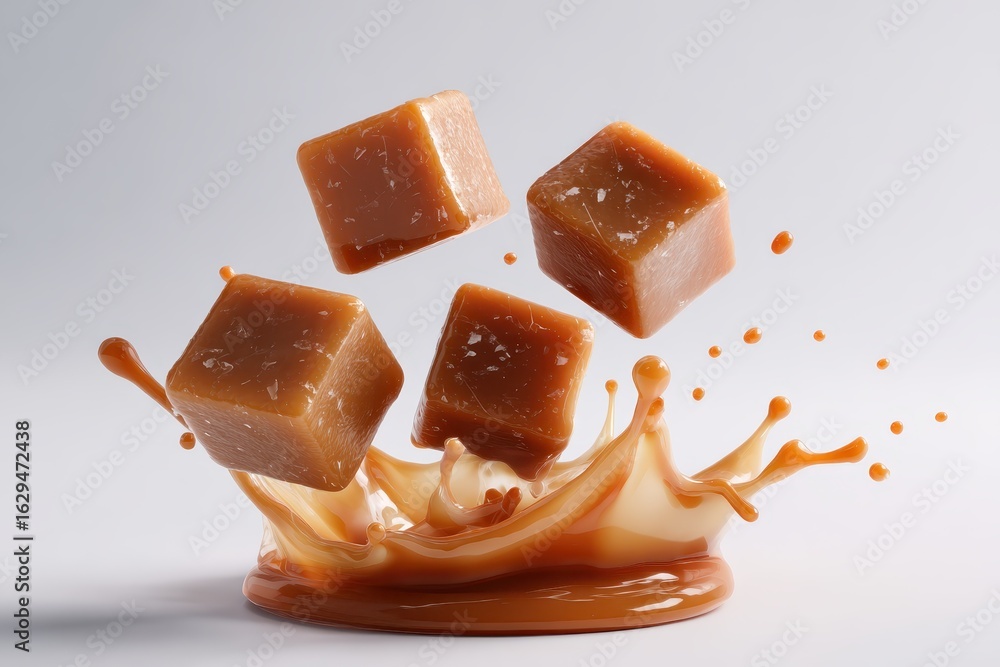 Poster flying caramel cubes create a splash in a smooth caramel pool on a white background