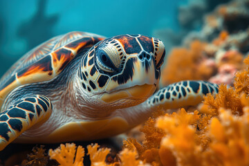 Fototapeta premium Turtle swimming amidst orange corals in the ocean.