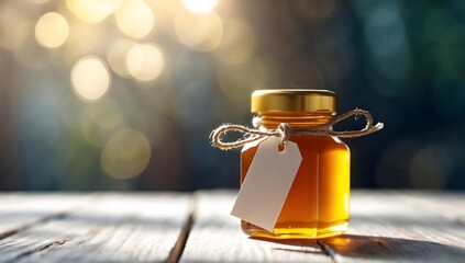 Bottle of Golden Honey with Blank Price Tag, Natural and Healthy Sweetener