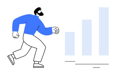 Man moving towards increasing bar chart conveying confidence, ambition, and development. Ideal for business, personal growth, career advancements, goal setting, strategy, leadership simple flat