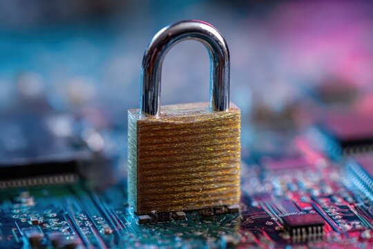 Digital padlock secured on vibrant circuit board background illustrating cybersecurity and technology themes essential for modern data protection