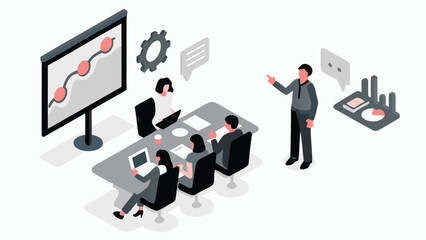Isometric office scene depicting a business meeting with presentation and data analysis tools present