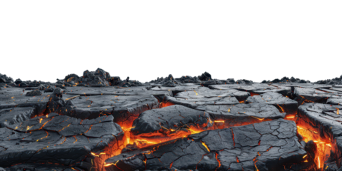 orange glowing magma cracks in black lava volcano landscape isolated on white or transparent png