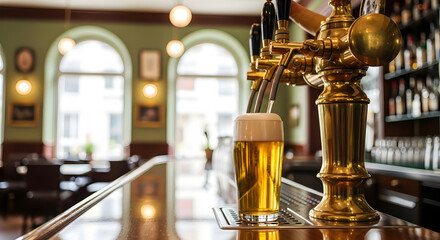 Tall glass of golden beer pouring from a brass tap in a cozy pub with arched windows and warm lighting. Banner template for bar ads, brewery marketing, happy hour, and social events with copyspace.