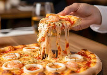 Mouthwatering Seafood Pizza Slice – Gooey Cheese Pull with Shrimp & Squid.