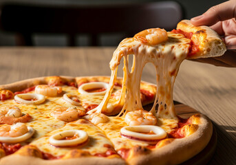 Mouthwatering Seafood Pizza Slice – Gooey Cheese Pull with Shrimp & Squid.